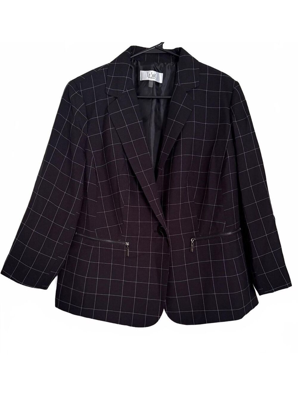 Le Suit Women's Blazer Jacket Size 14W Plaid Check Preppy Office Classic Black